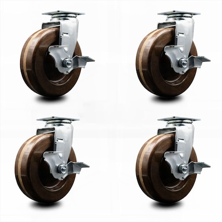 Service Caster 6 Inch High Temp Phenolic Swivel Caster Set with Roller Bearings and Brakes SCC SCC-20S620-PHRHT-TLB-4